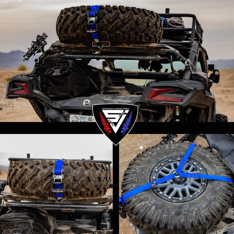 Straight Jacket Crew Y Strap for Spare Tire - Heavy Duty Spare Tire Strap for UTV, Offroad Accessories & Roof Rack, 3 Way Ratchet Strap Tie Down- 1.6" Wide, Can Secure Up to 40" Tire by (Blue) - Image 5